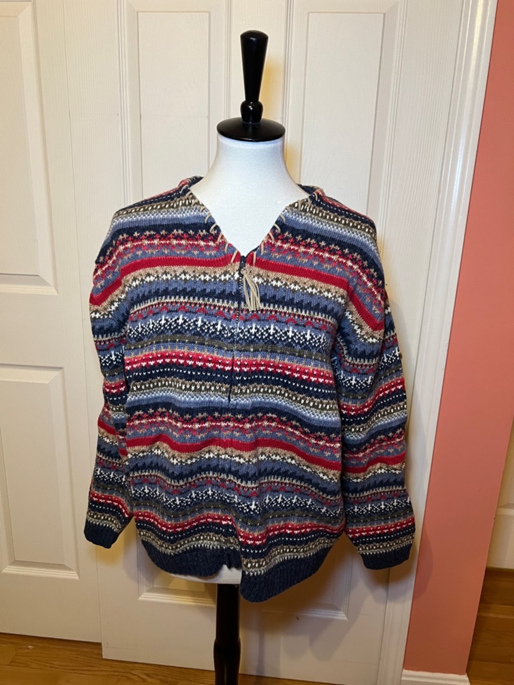 Tiara Women Fair Isle Knit Full Zip Sweater 2X Plus Multicolor Tassel V-Neck